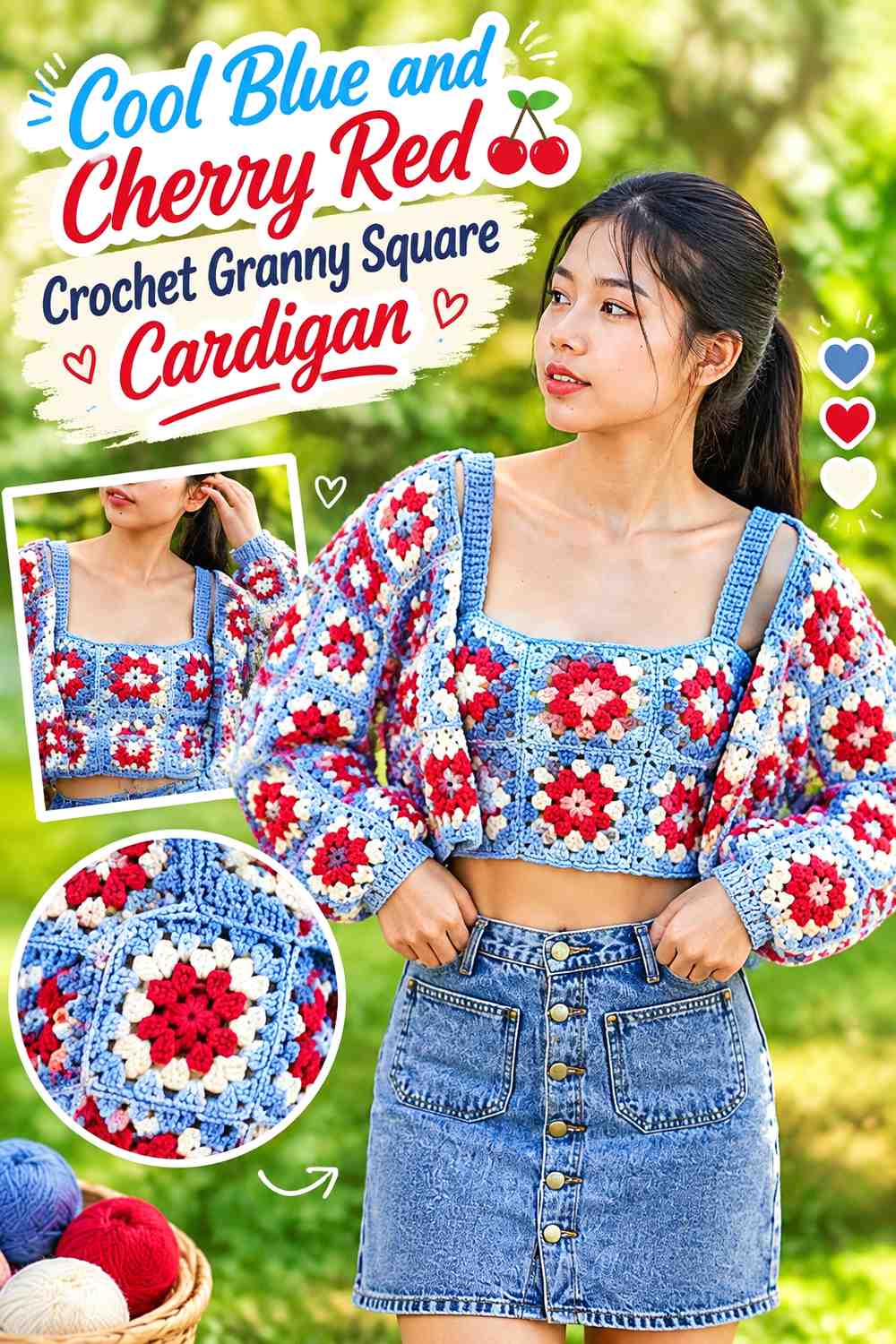2. Cool Blue And Cherry Red Crochet Granny Square Cardigan