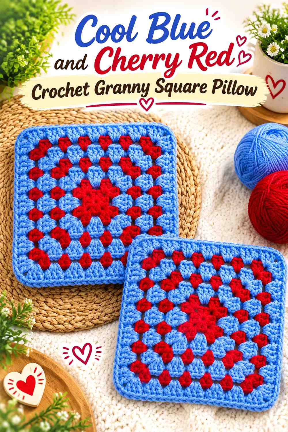 1. Cool Blue And Cherry Red Crochet Granny Square Pillow