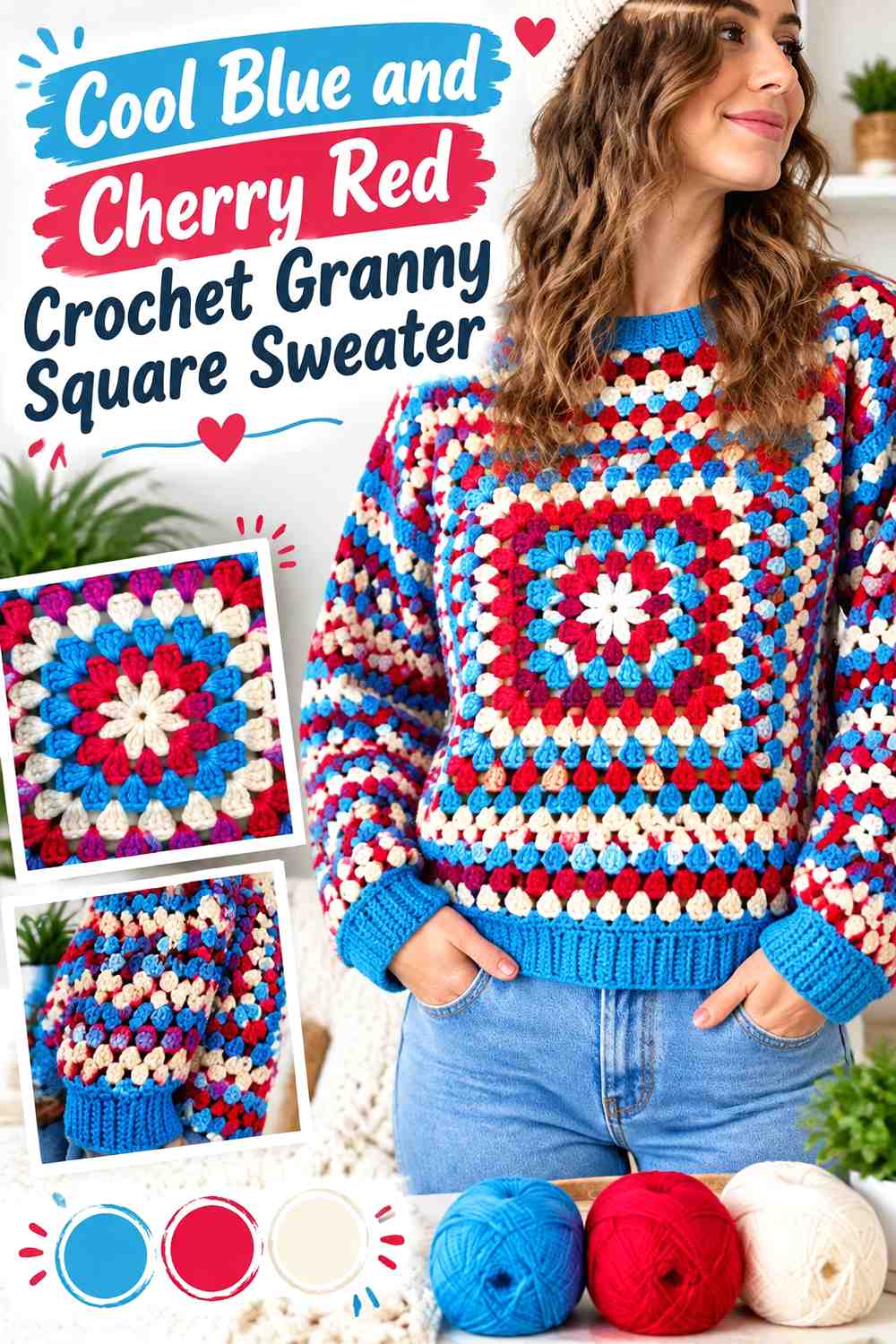 13. Cool Blue And Cherry Red Crochet Granny Square Sweater