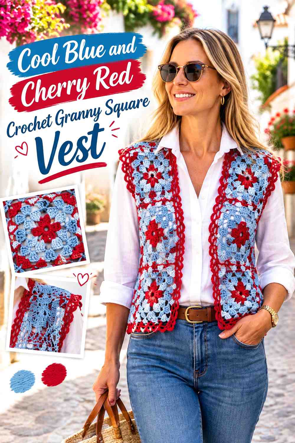 7. Cool Blue And Cherry Red Crochet Granny Square Vest