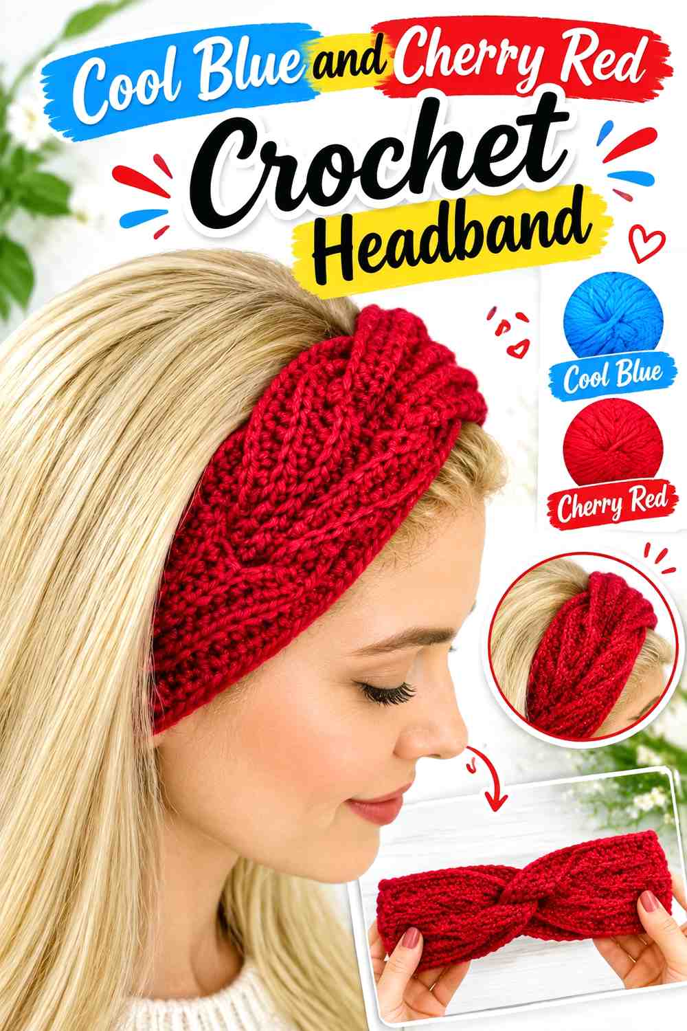 9. Cool Blue And Cherry Red Crochet Headband