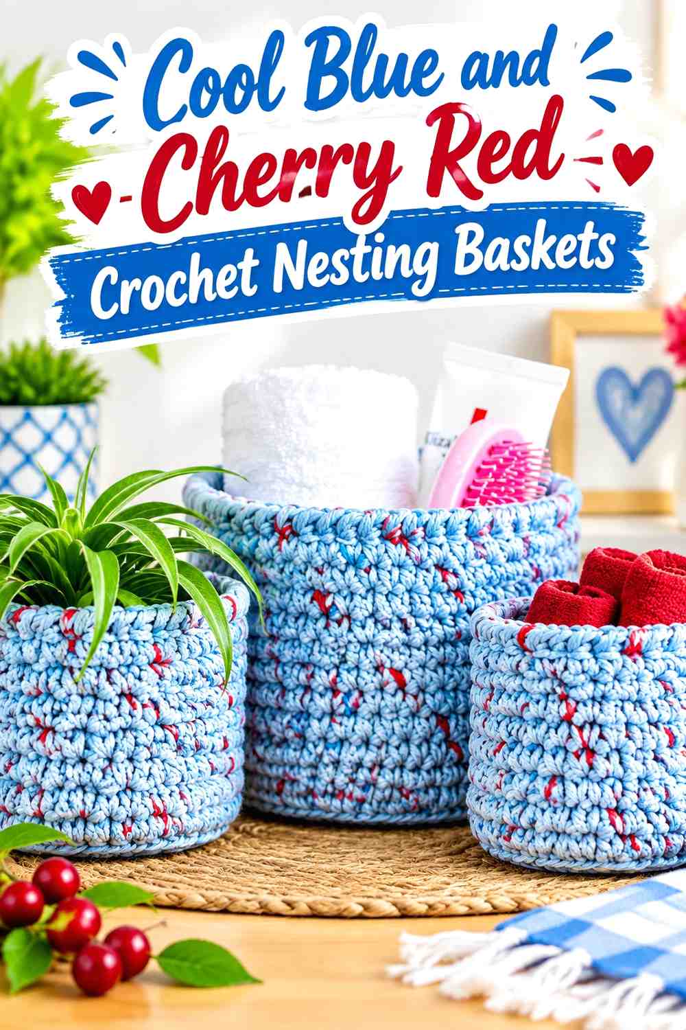11. Cool Blue And Cherry Red Crochet Nesting Baskets
