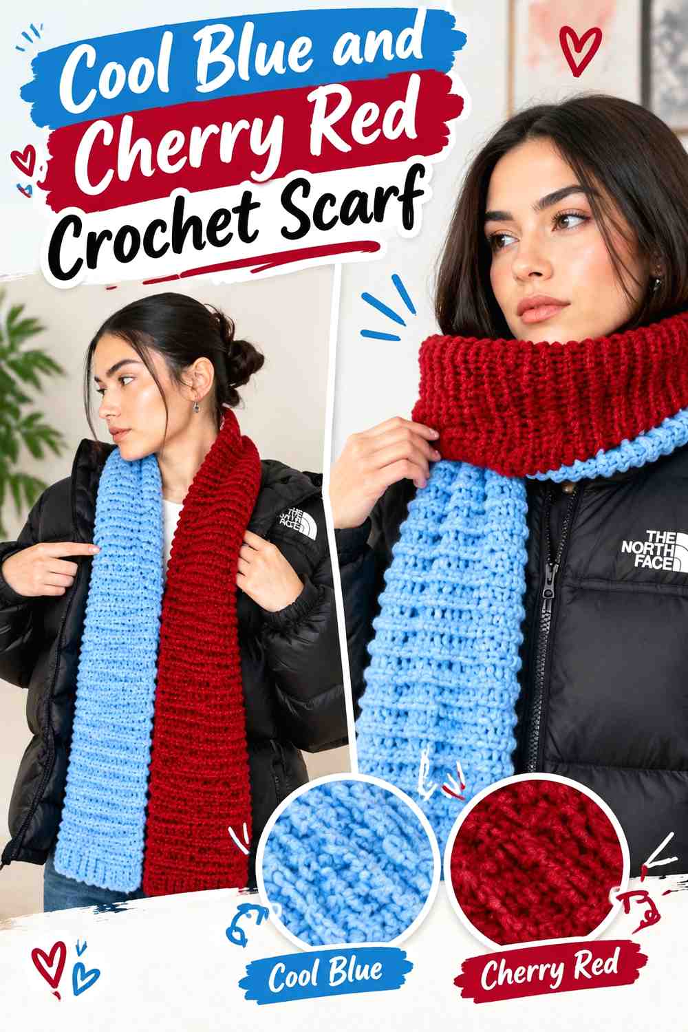 6. Cool Blue And Cherry Red Crochet Scarf