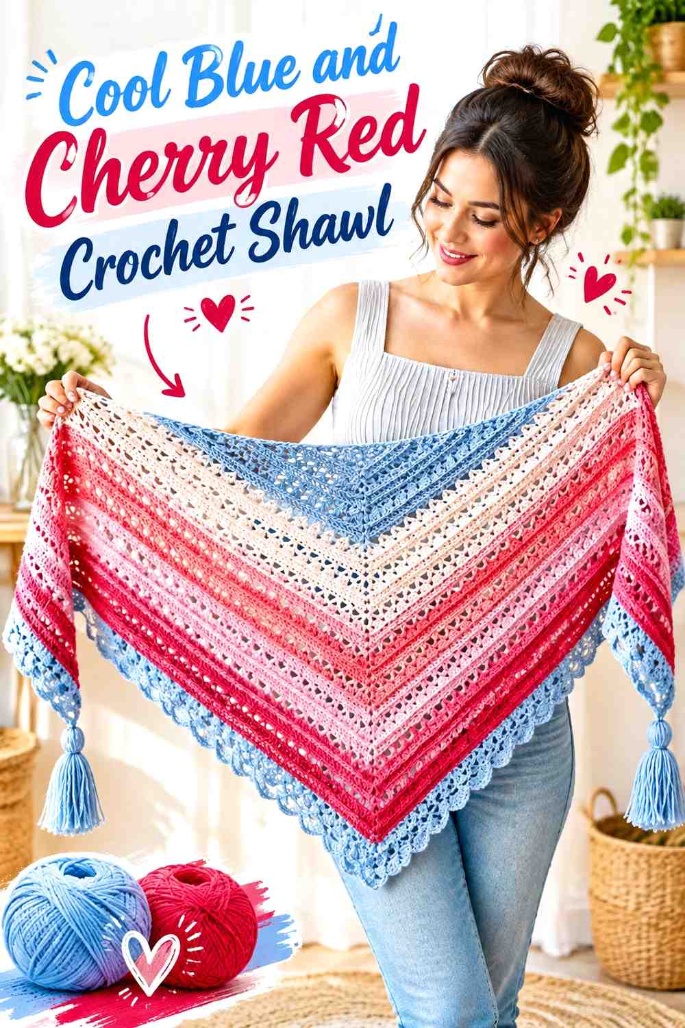 10. Cool Blue And Cherry Red Crochet Shawl