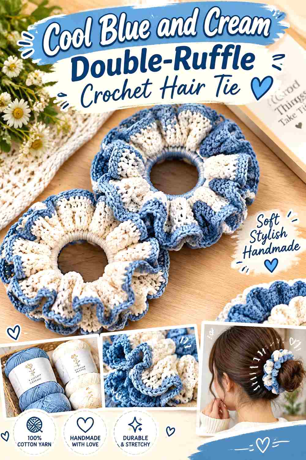 5. Cool Blue And Cream Double Ruffle Crochet Hair Tie