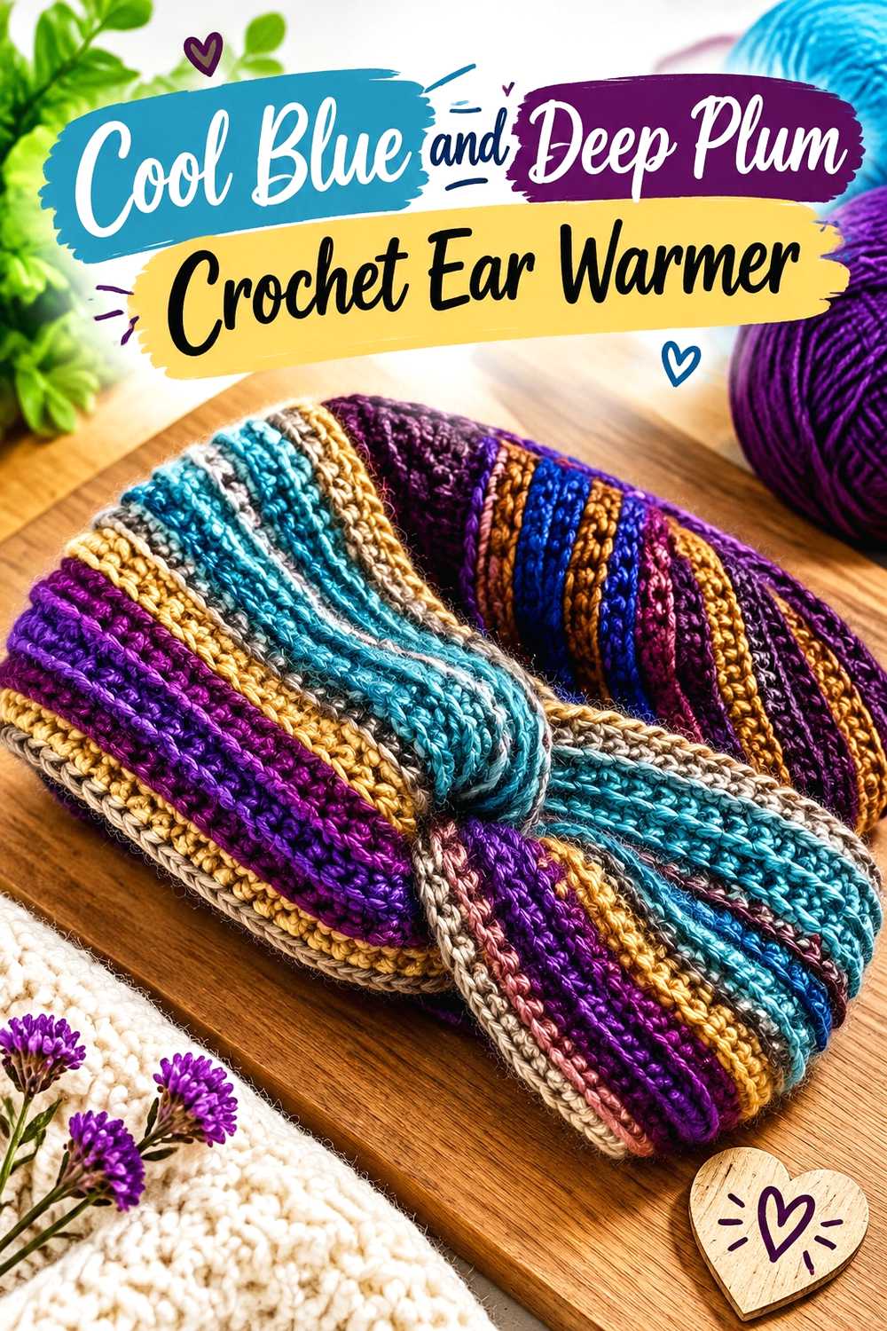 11. Cool Blue And Deep Plum Crochet Ear Warmer