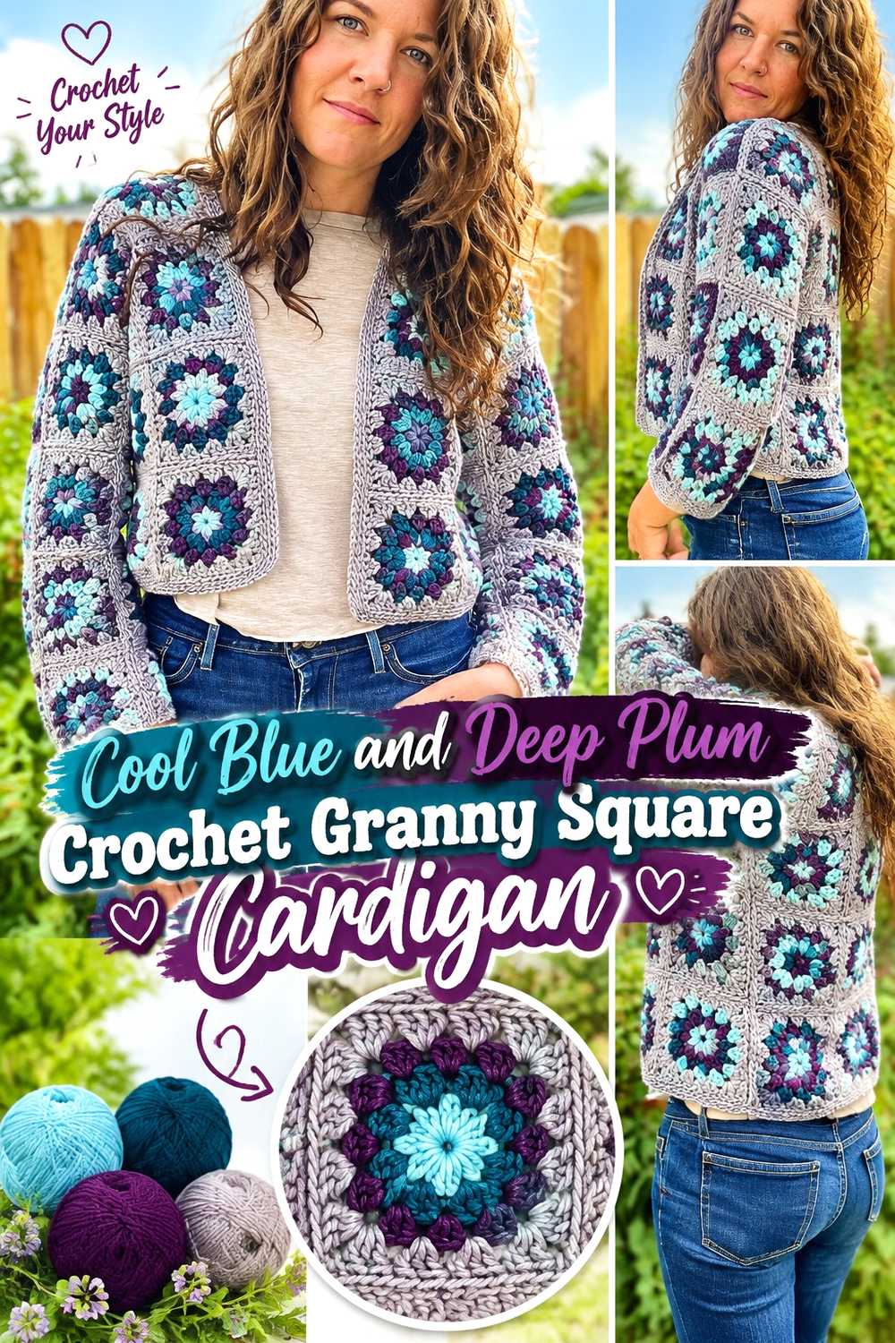 2. Cool Blue And Deep Plum Crochet Granny Square Cardigan
