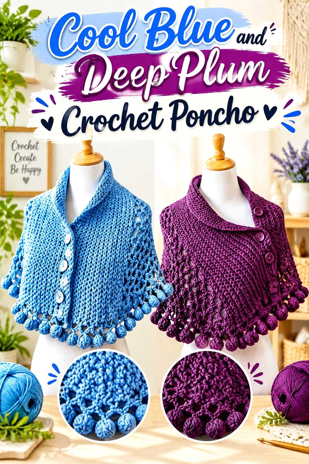 5. Cool Blue And Deep Plum Crochet Poncho