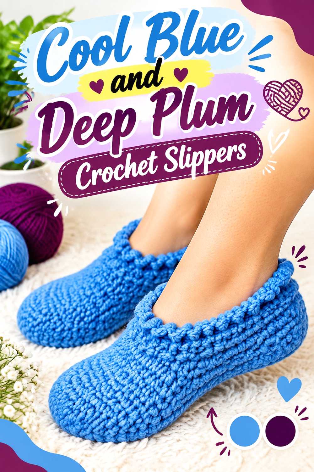 10. Cool Blue And Deep Plum Crochet Slippers