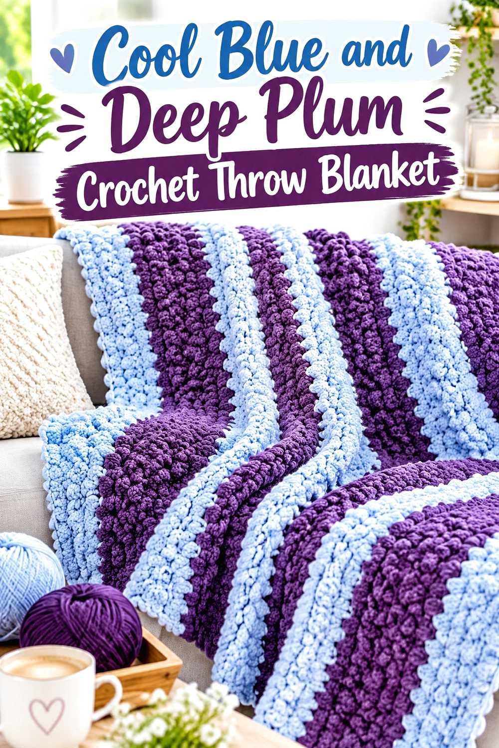 1. Cool Blue And Deep Plum Crochet Throw Blanket