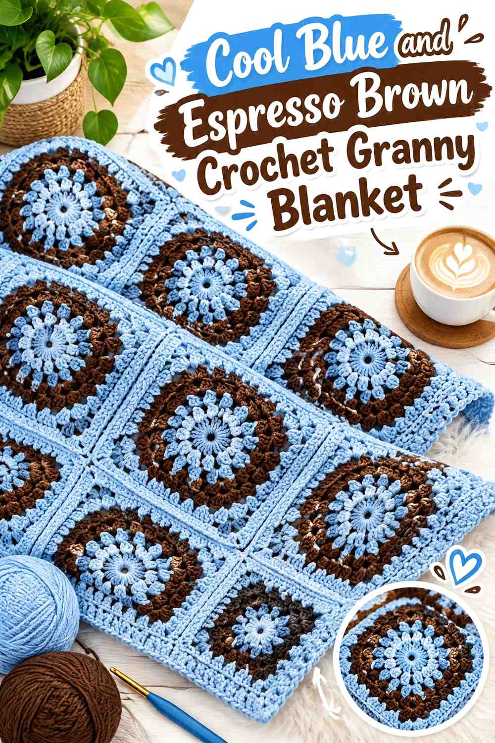 4. Cool Blue And Espresso Brown Crochet Granny Blanket