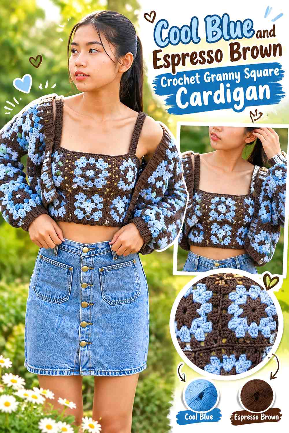 2. Cool Blue And Espresso Brown Crochet Granny Square Cardigan