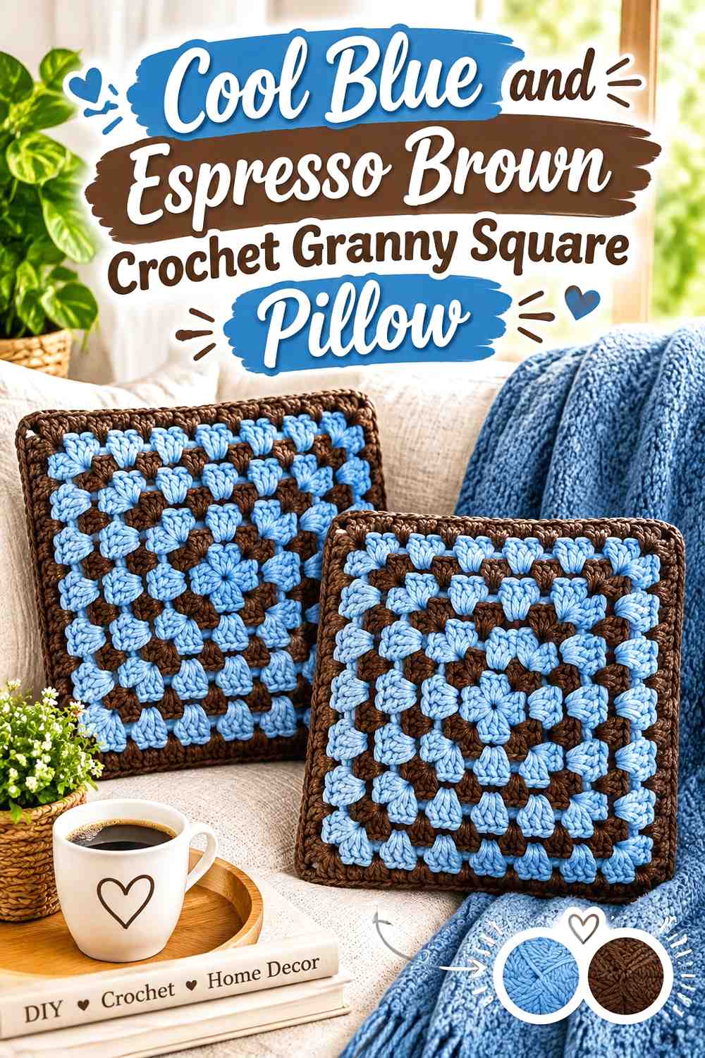 1. Cool Blue And Espresso Brown Crochet Granny Square Pillow