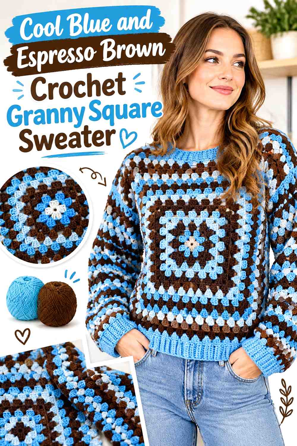 13. Cool Blue And Espresso Brown Crochet Granny Square Sweater