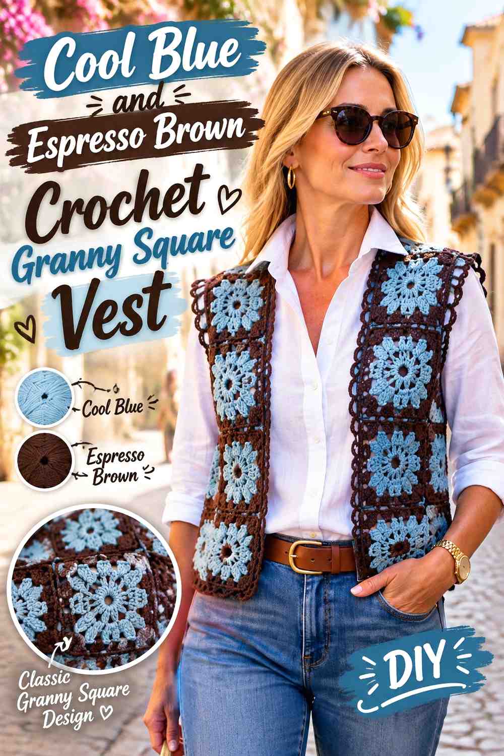 7. Cool Blue And Espresso Brown Crochet Granny Square Vest