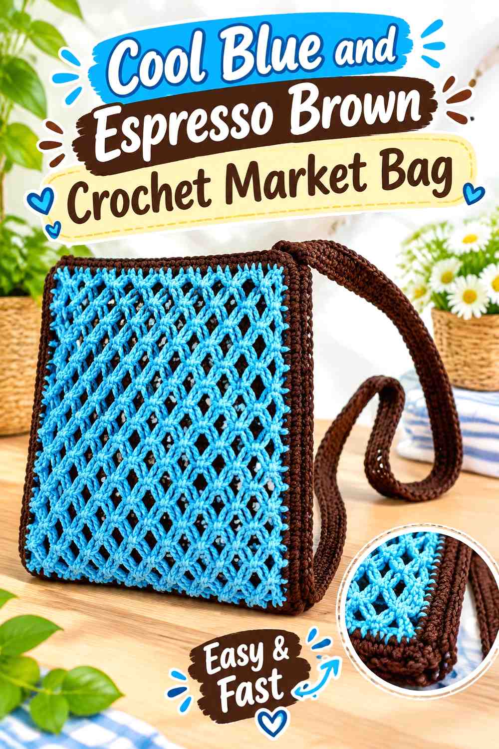15. Cool Blue And Espresso Brown Crochet Market Bag