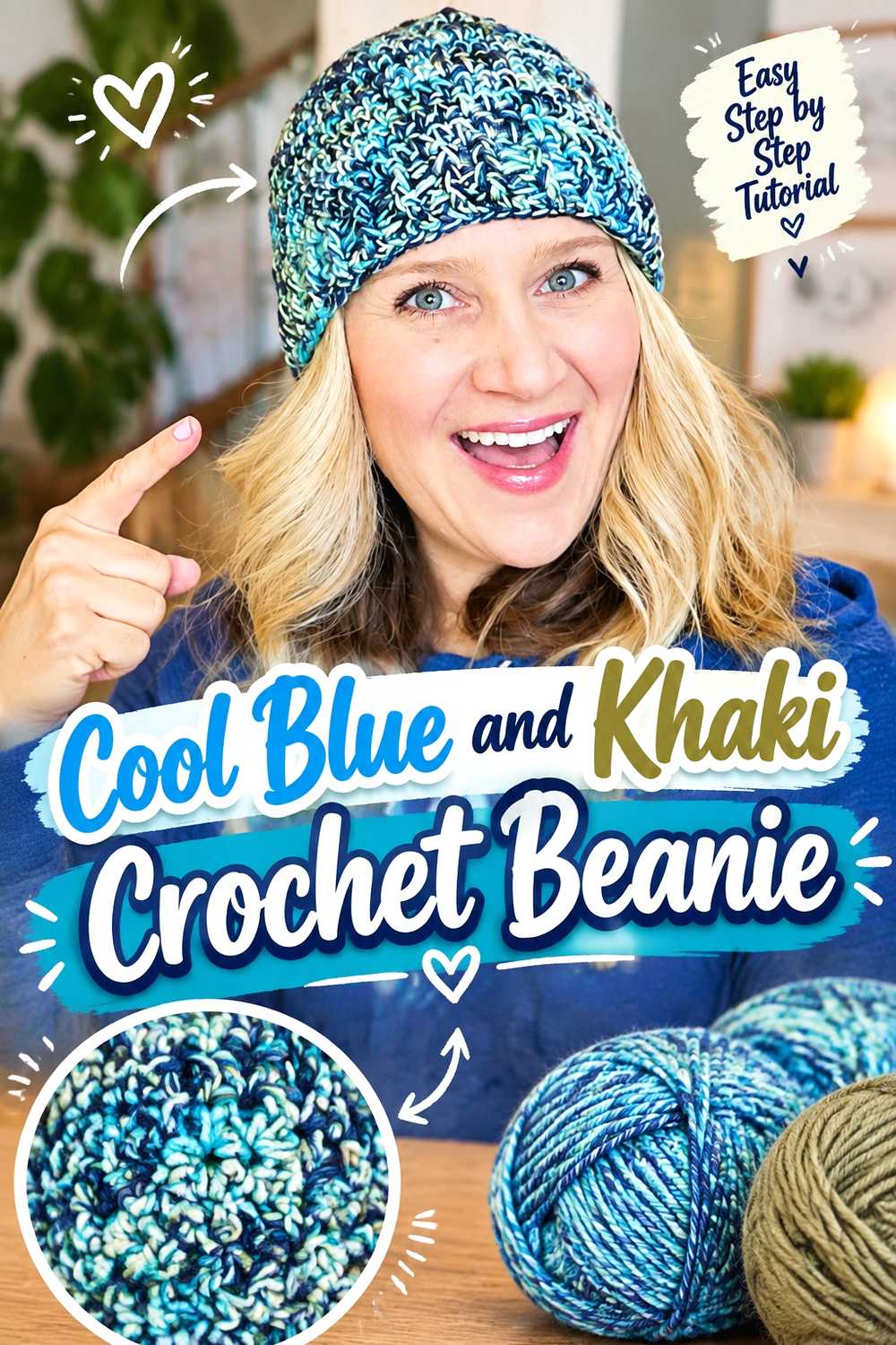 13. Cool Blue And Khaki Crochet Beanie