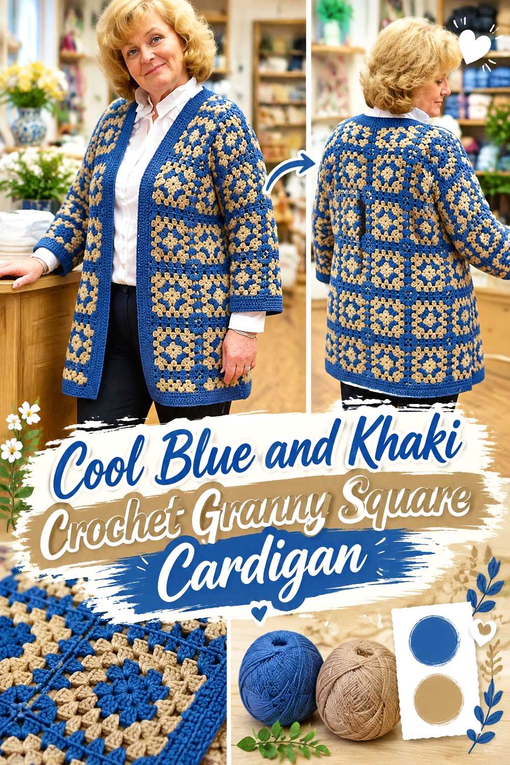 2. Cool Blue And Khaki Crochet Granny Square Cardigan