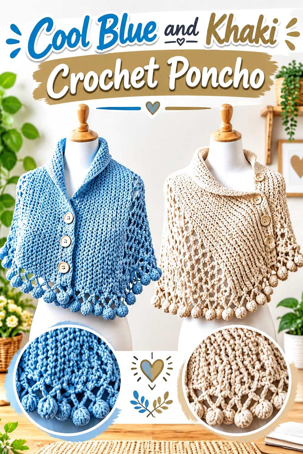 5. Cool Blue And Khaki Crochet Poncho