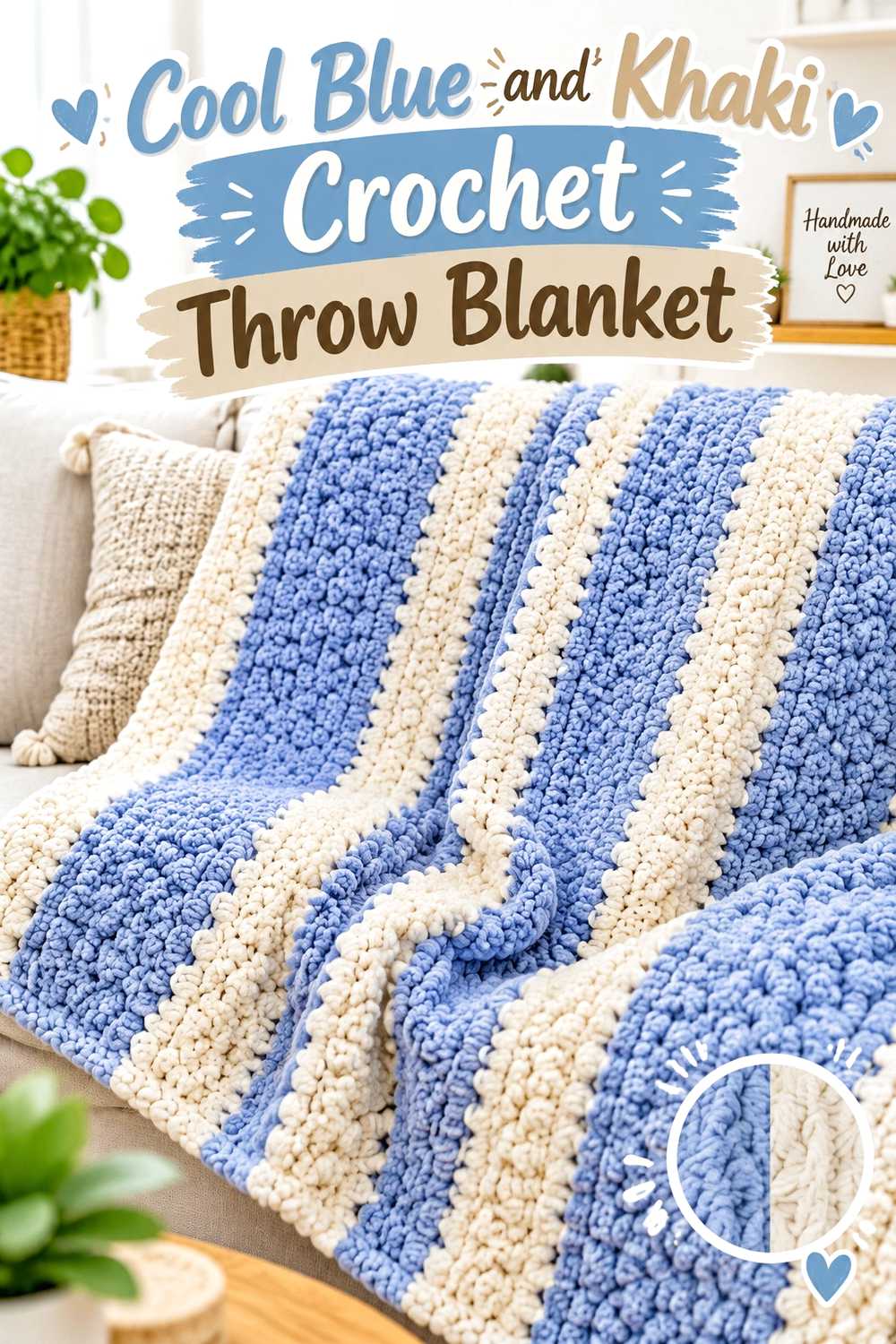 1. Cool Blue And Khaki Crochet Throw Blanket