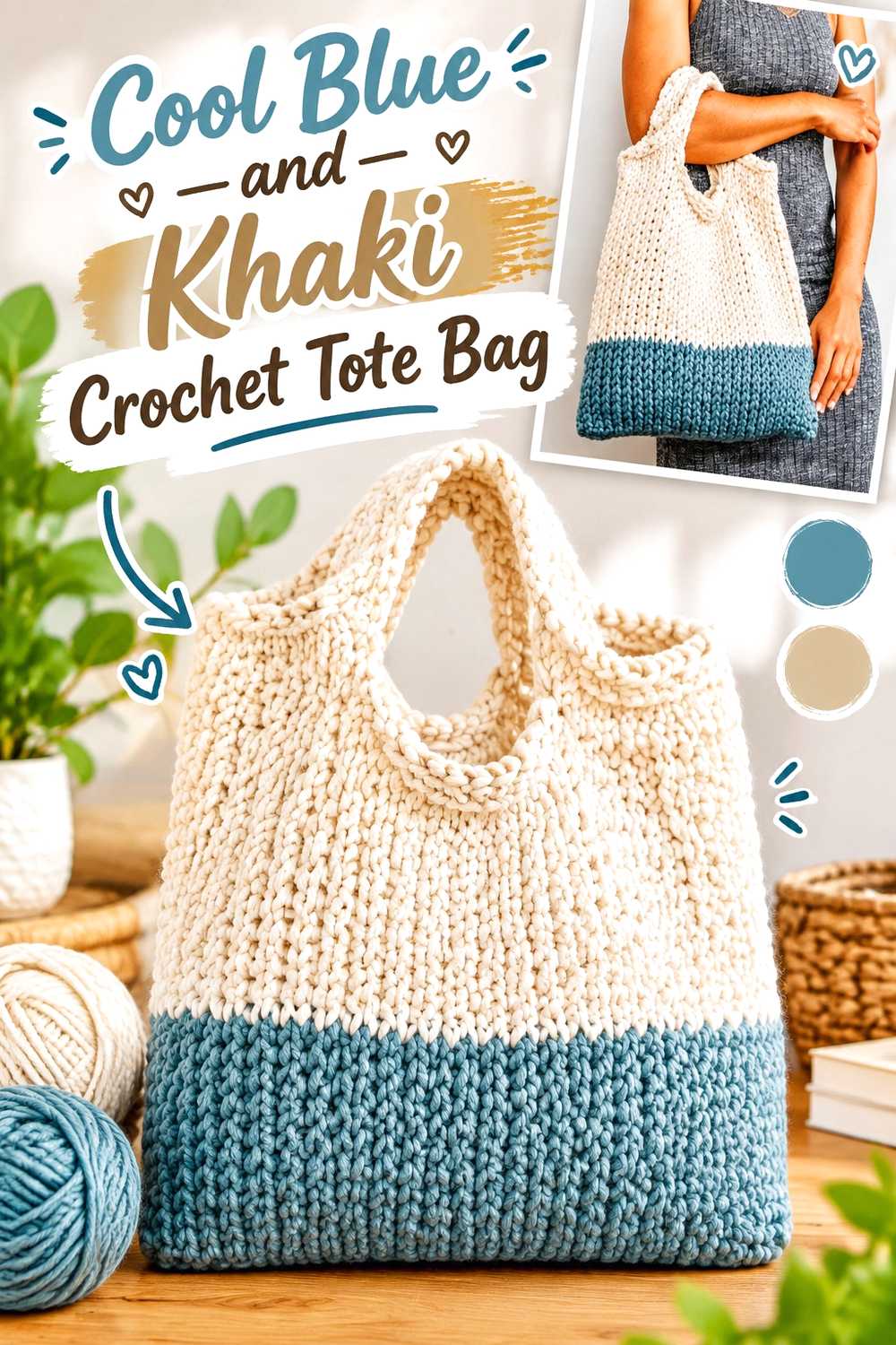 3. Cool Blue And Khaki Crochet Tote Bag