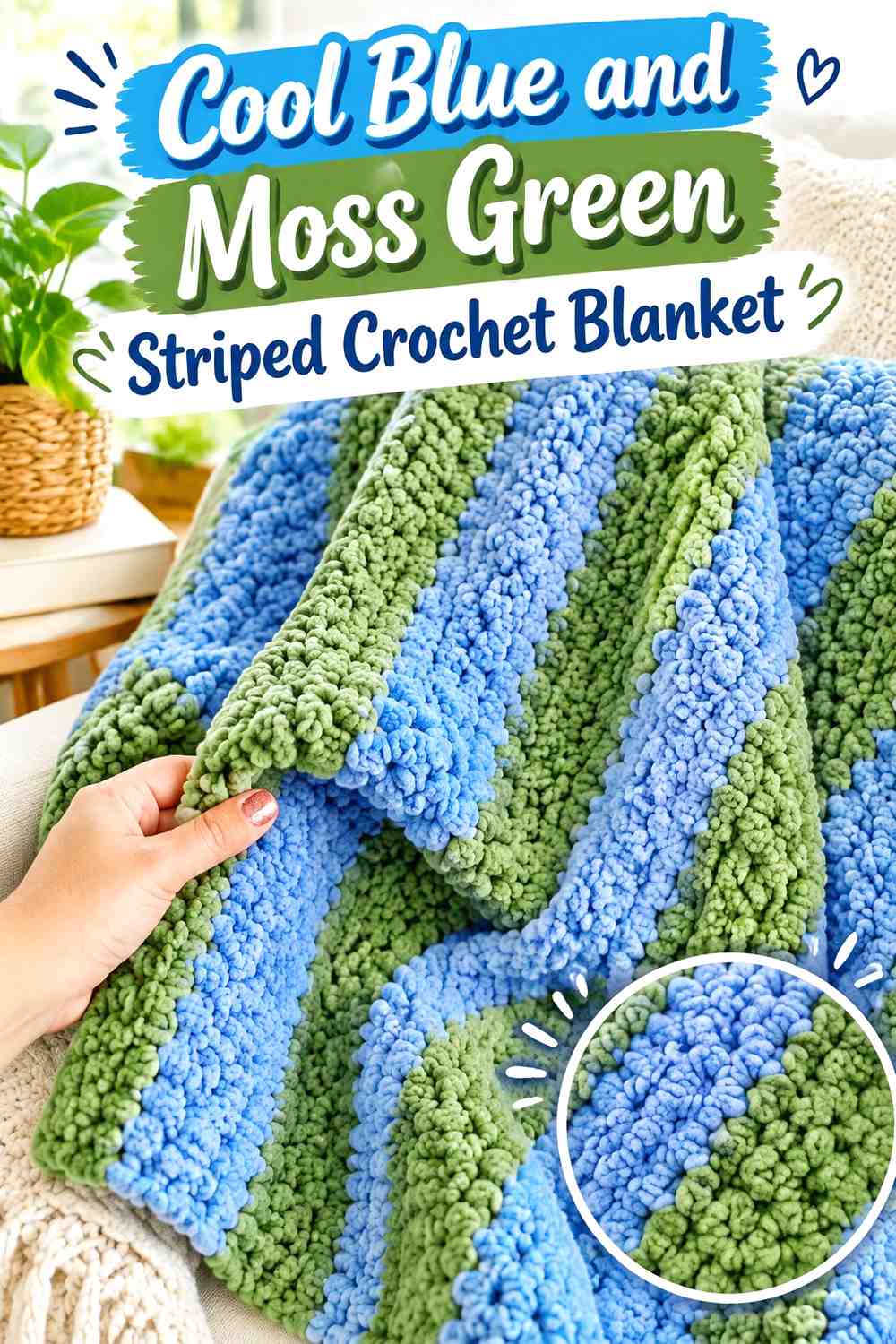 1. Cool Blue And Moss Green Striped Crochet Blanket