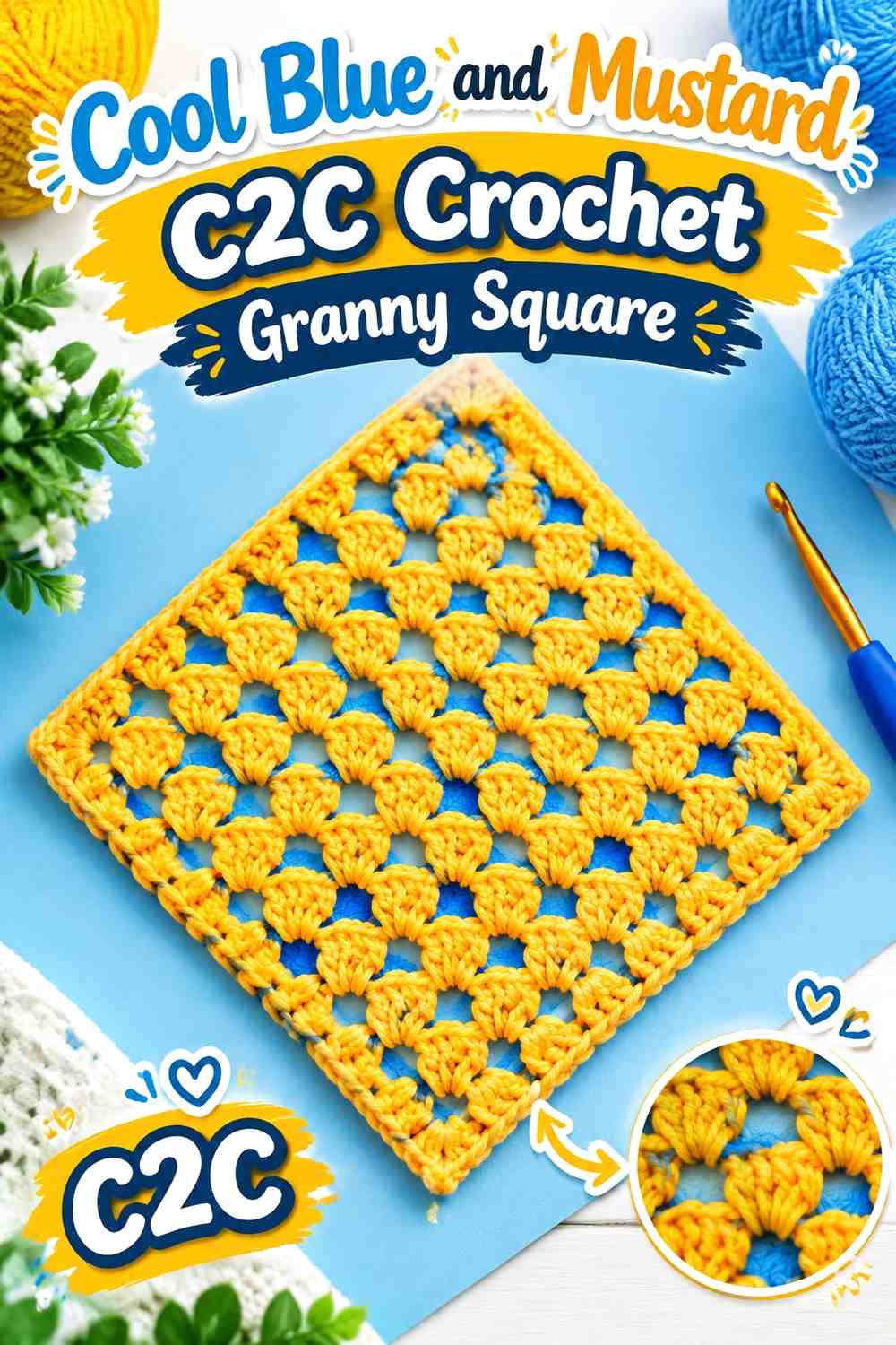 4. Cool Blue And Mustard C2c Crochet Granny Square