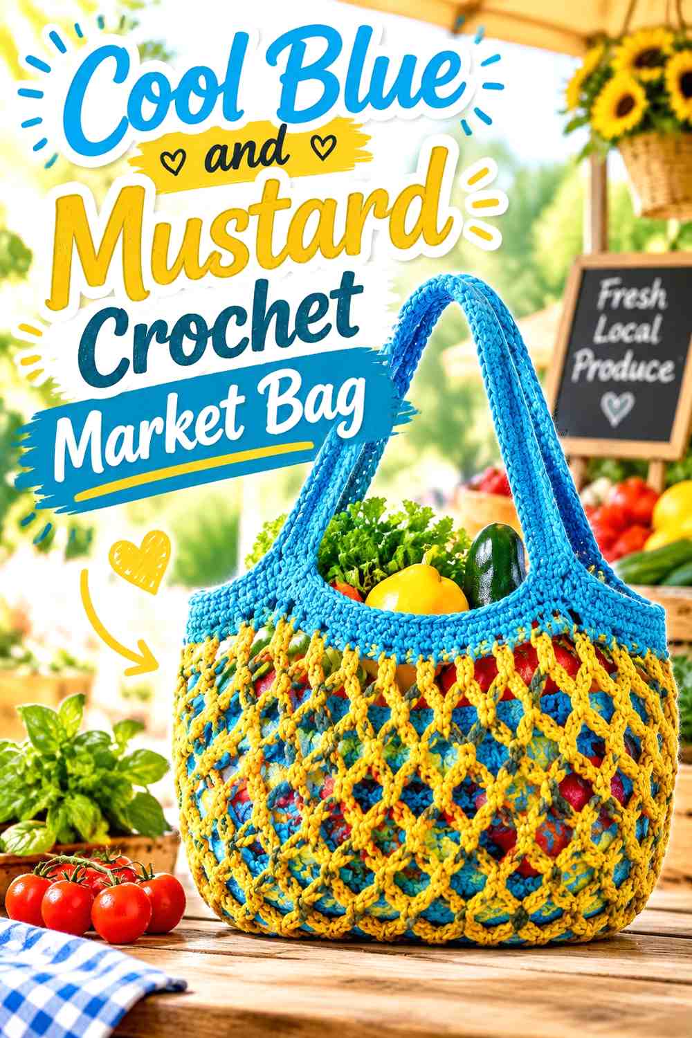 13. Cool Blue And Mustard Crochet Market Bag