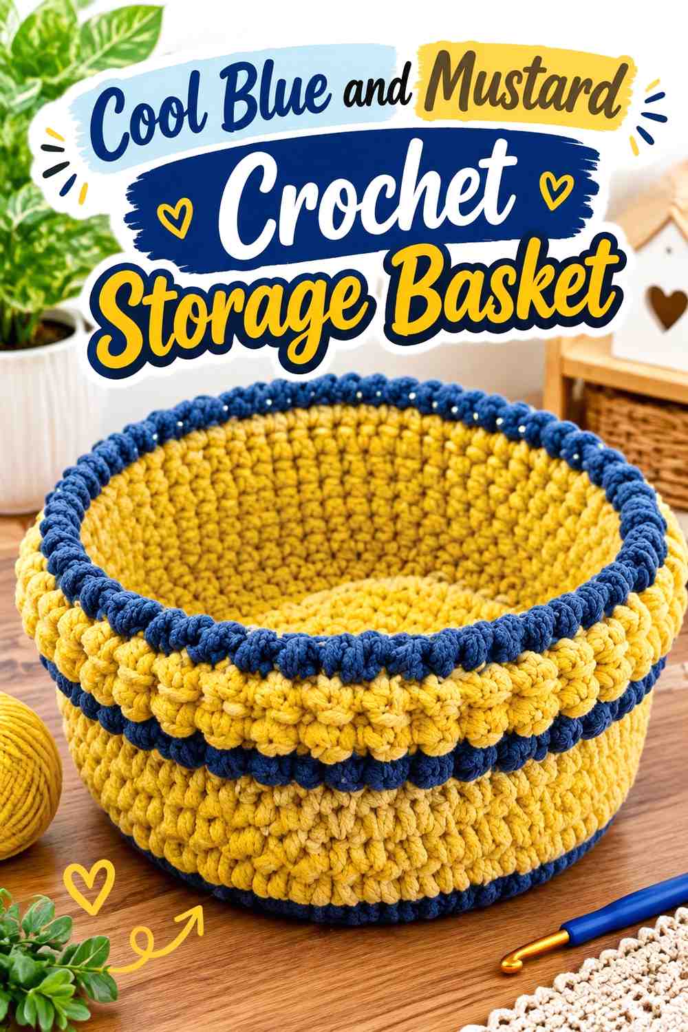 5. Cool Blue And Mustard Crochet Storage Basket