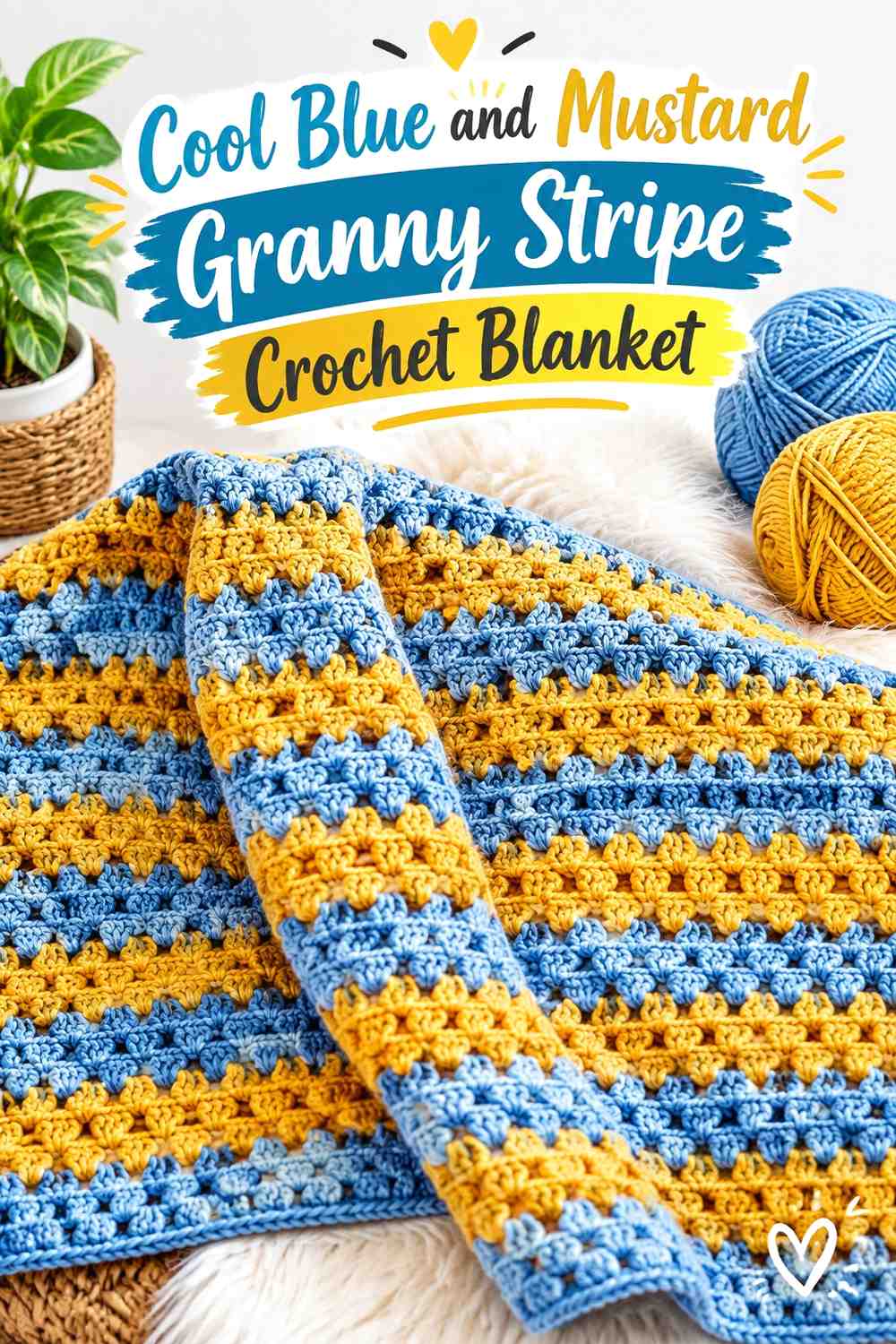 1. Cool Blue And Mustard Granny Stripe Crochet Blanket