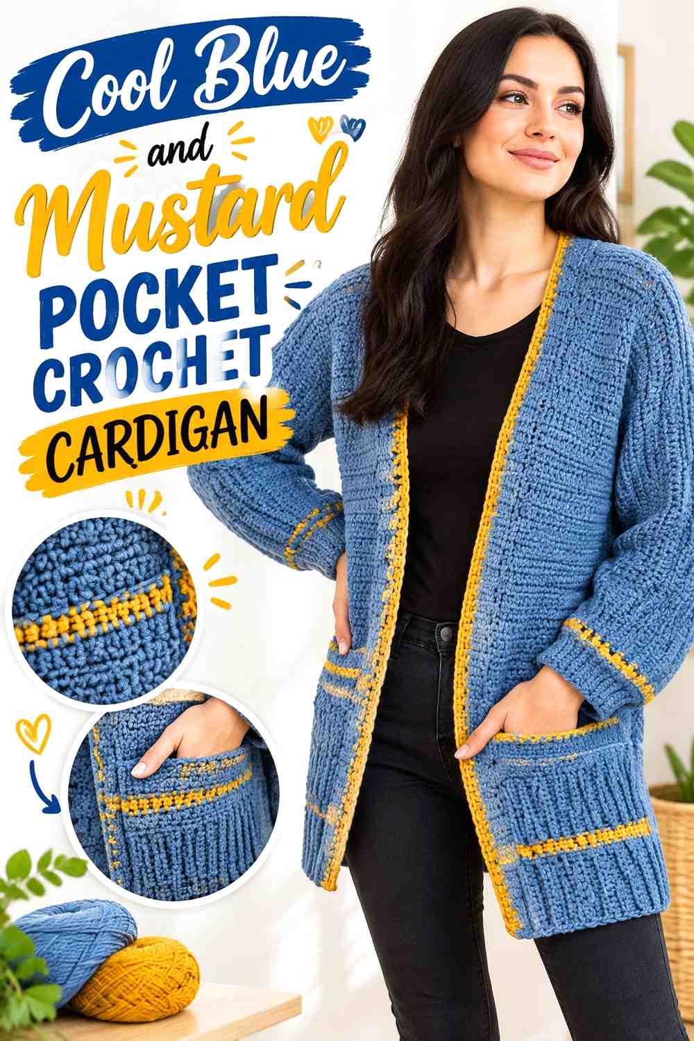 6. Cool Blue And Mustard Pocket Crochet Cardigan