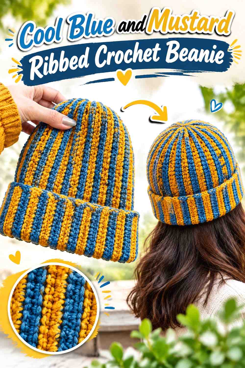 2. Cool Blue And Mustard Ribbed Crochet Beanie