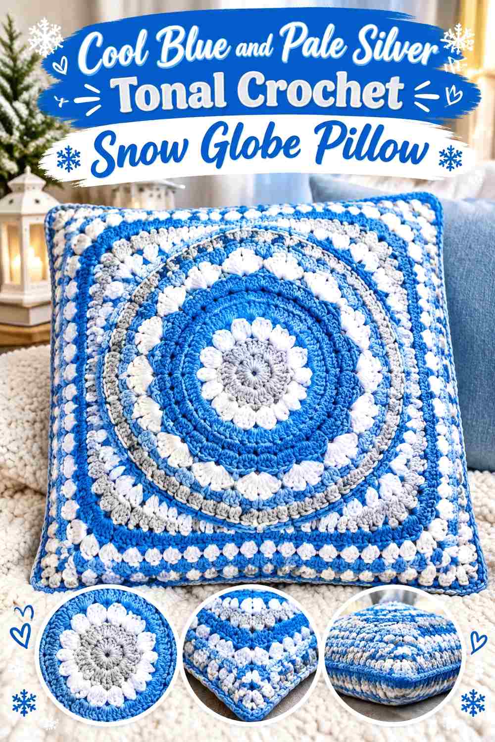 7. Cool Blue And Pale Silver Tonal Crochet Snow Globe Pillow