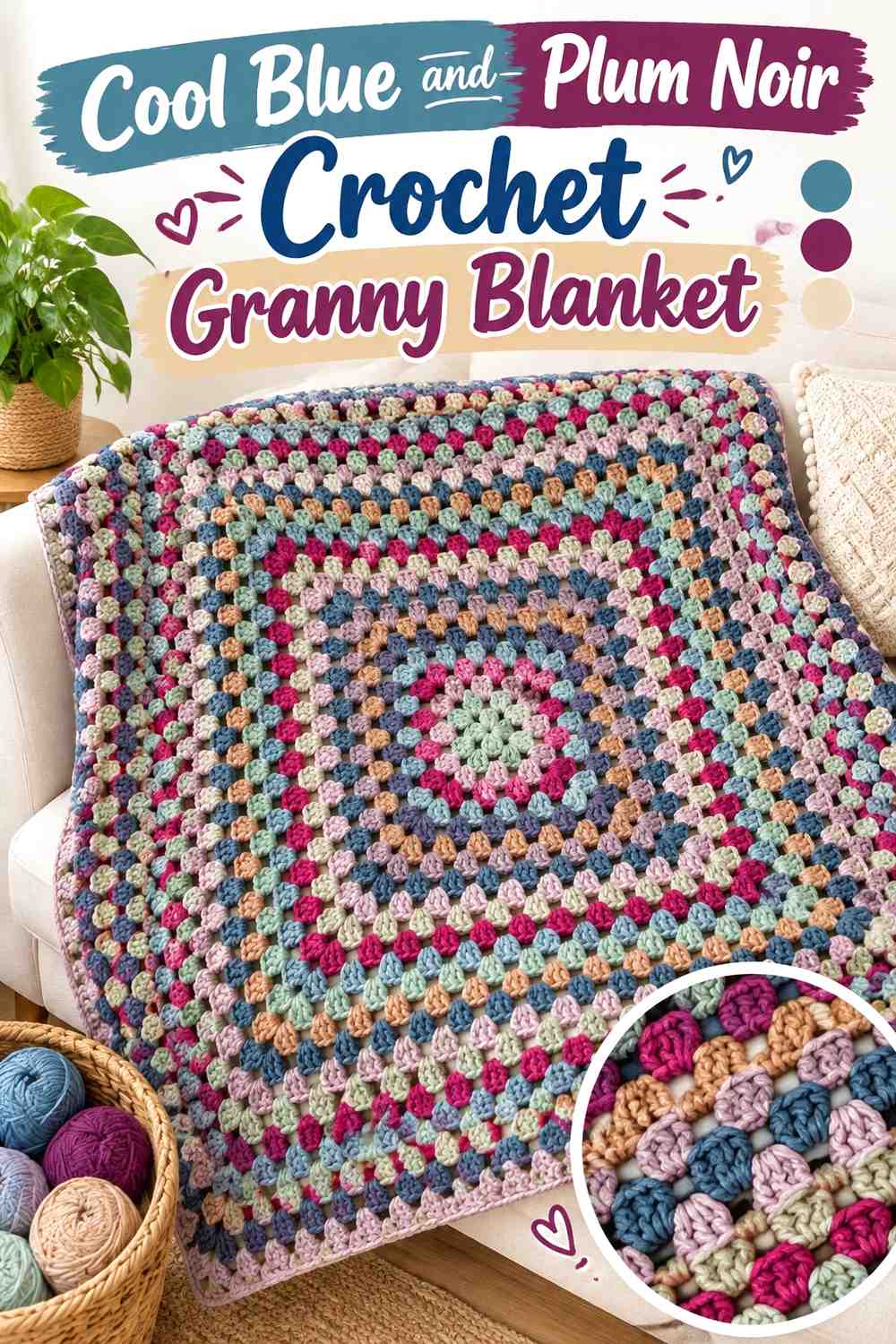 4. Cool Blue And Plum Noir Crochet Granny Blanket