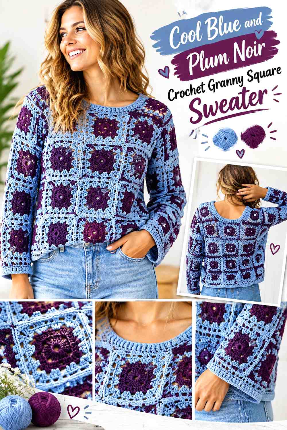 13. Cool Blue And Plum Noir Crochet Granny Square Sweater