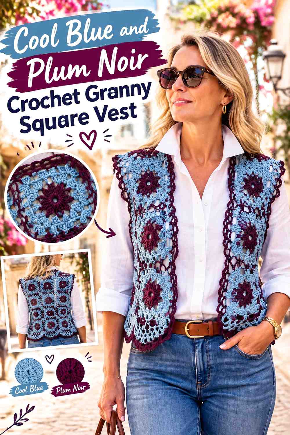 7. Cool Blue And Plum Noir Crochet Granny Square Vest