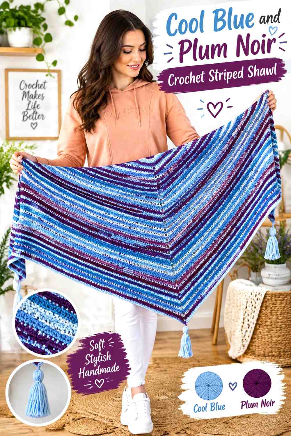 10. Cool Blue And Plum Noir Crochet Striped Shawl