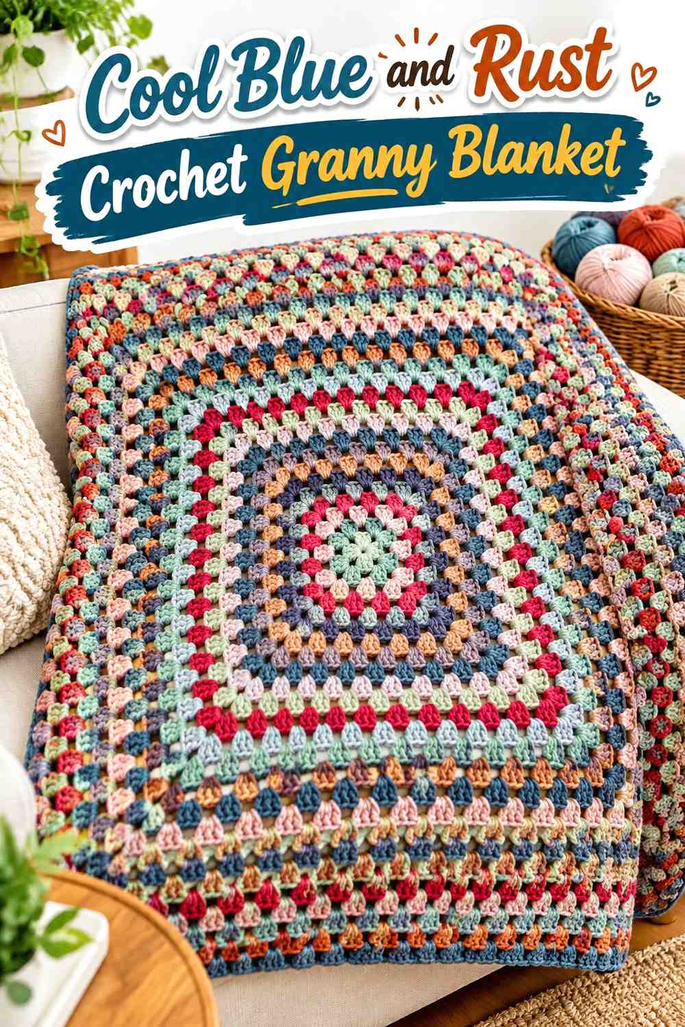 4. Cool Blue And Rust Crochet Granny Blanket