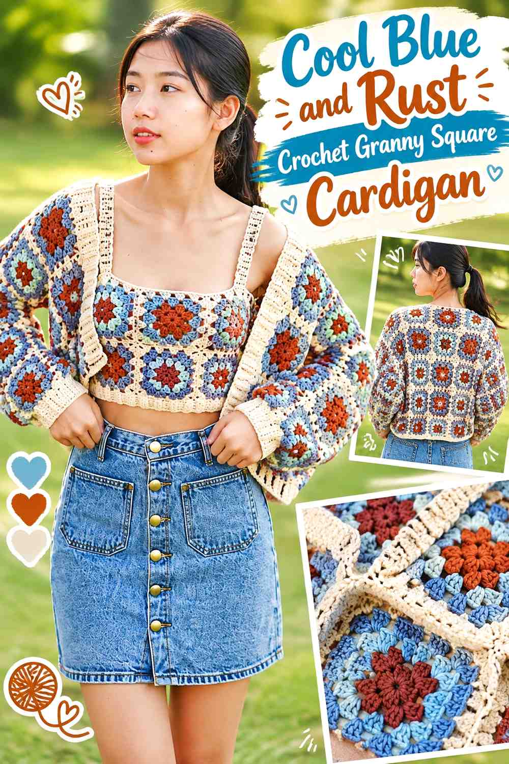 2. Cool Blue And Rust Crochet Granny Square Cardigan