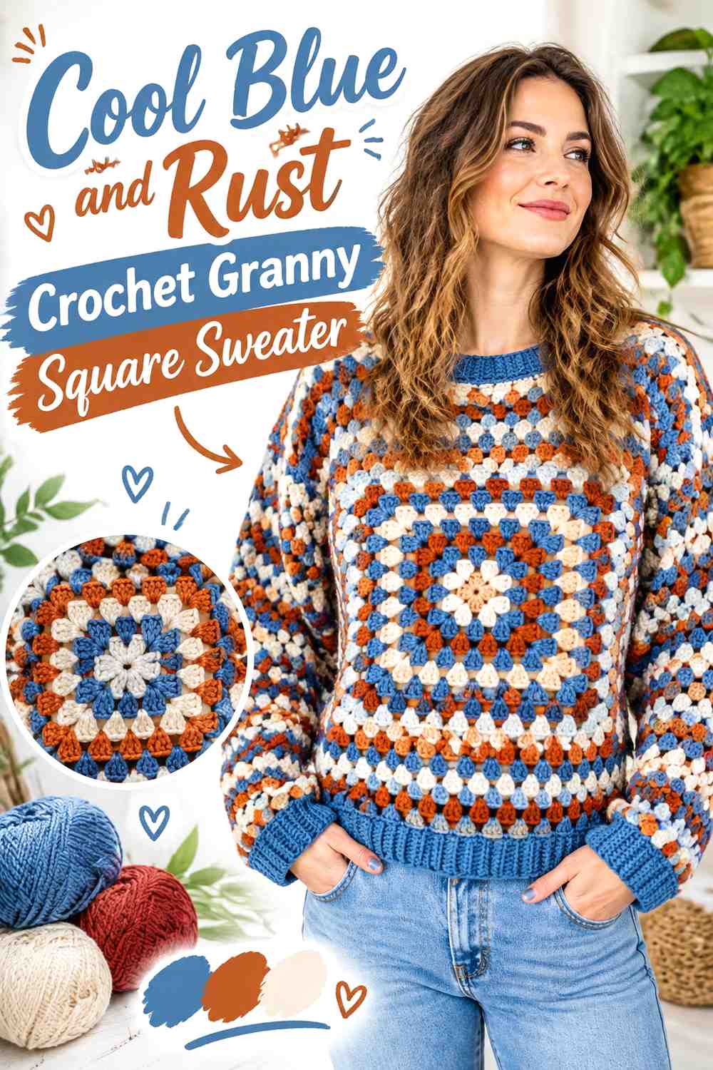 13. Cool Blue And Rust Crochet Granny Square Sweater