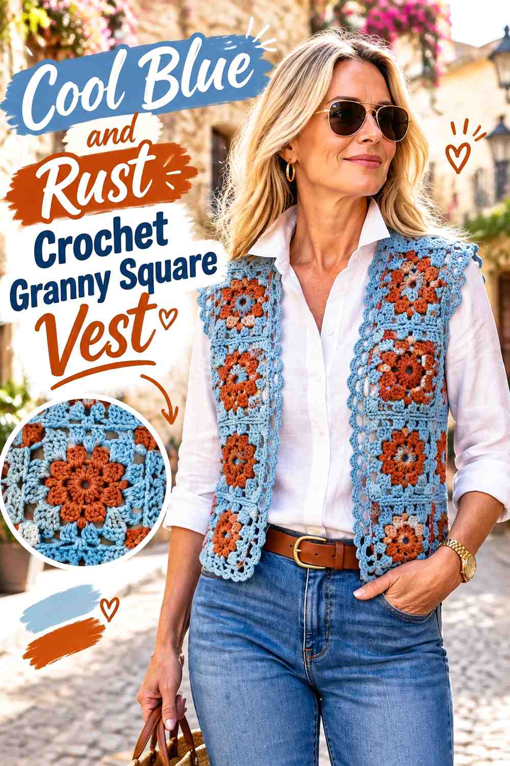 7. Cool Blue And Rust Crochet Granny Square Vest