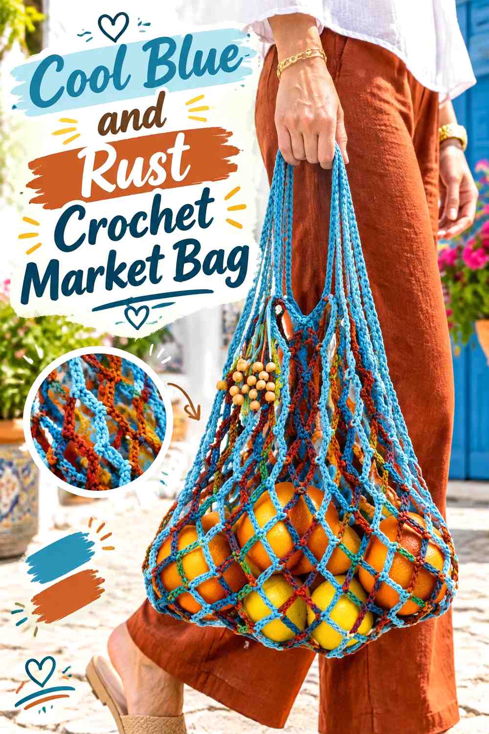 15. Cool Blue And Rust Crochet Market Bag