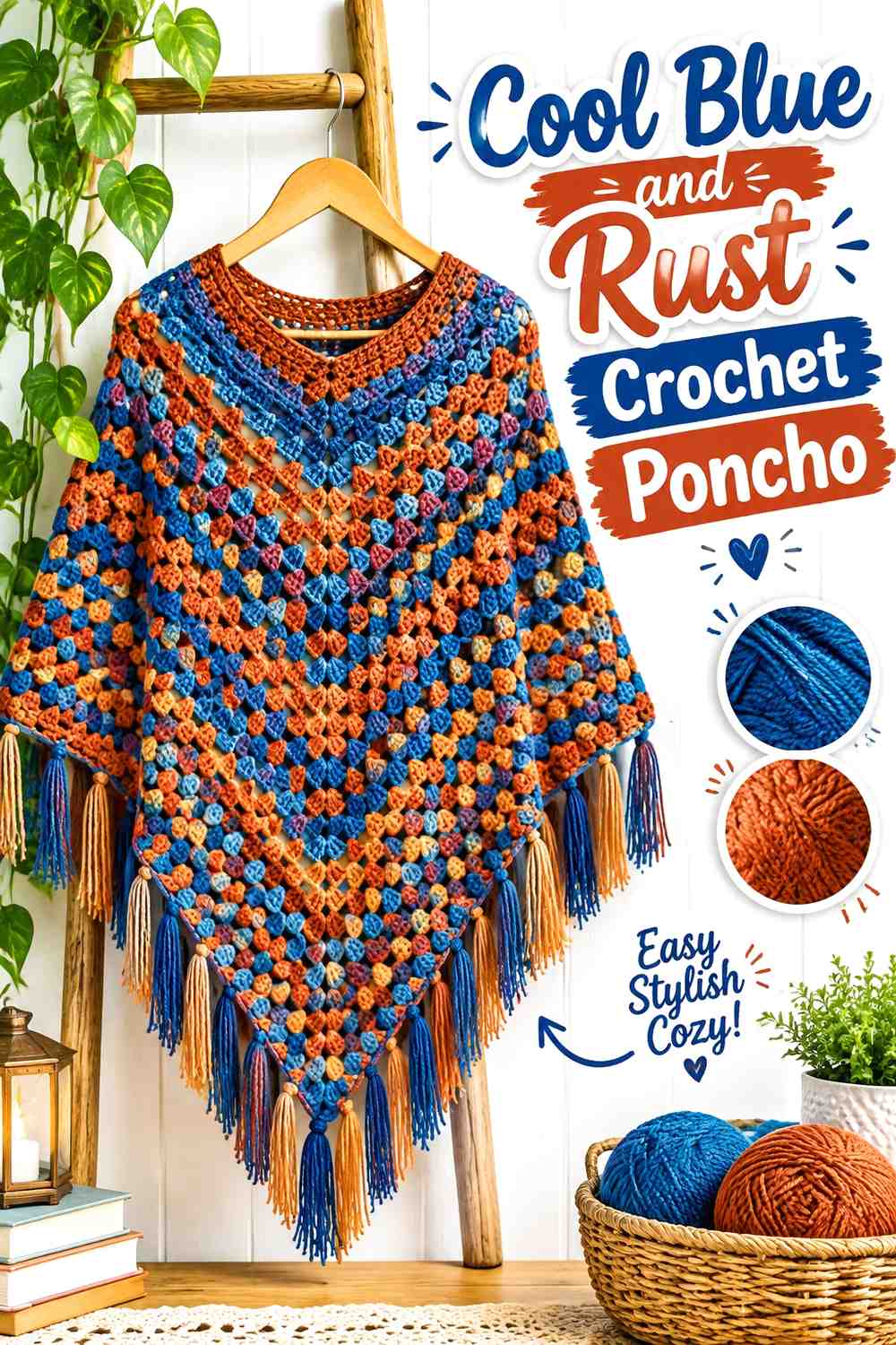 16. Cool Blue And Rust Crochet Poncho
