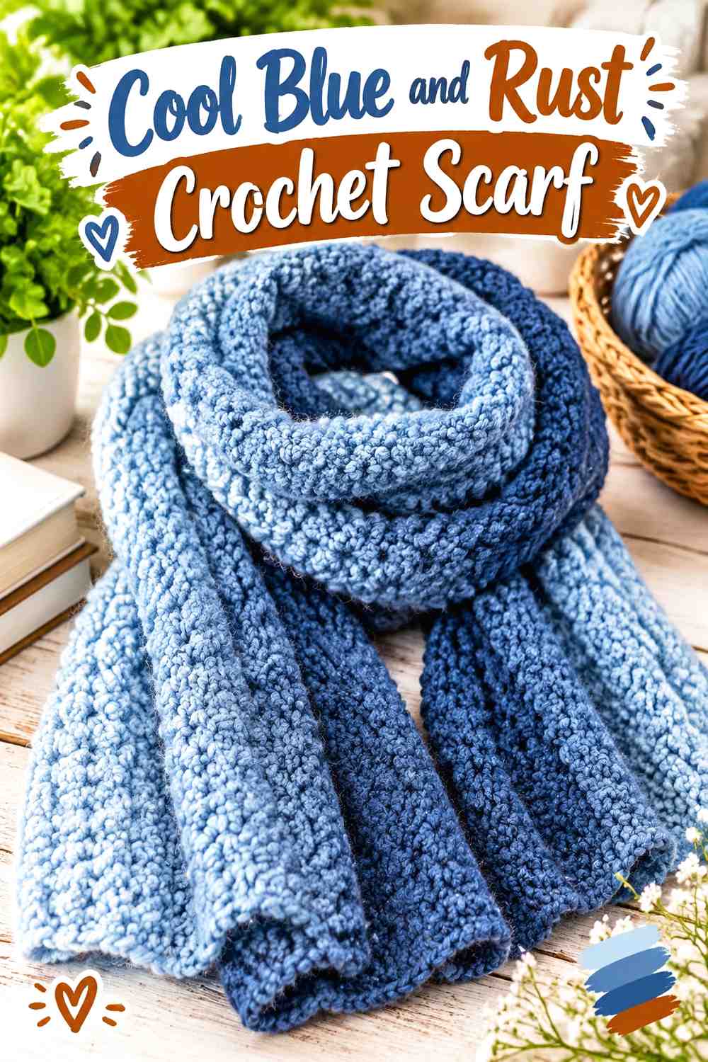 6. Cool Blue And Rust Crochet Scarf
