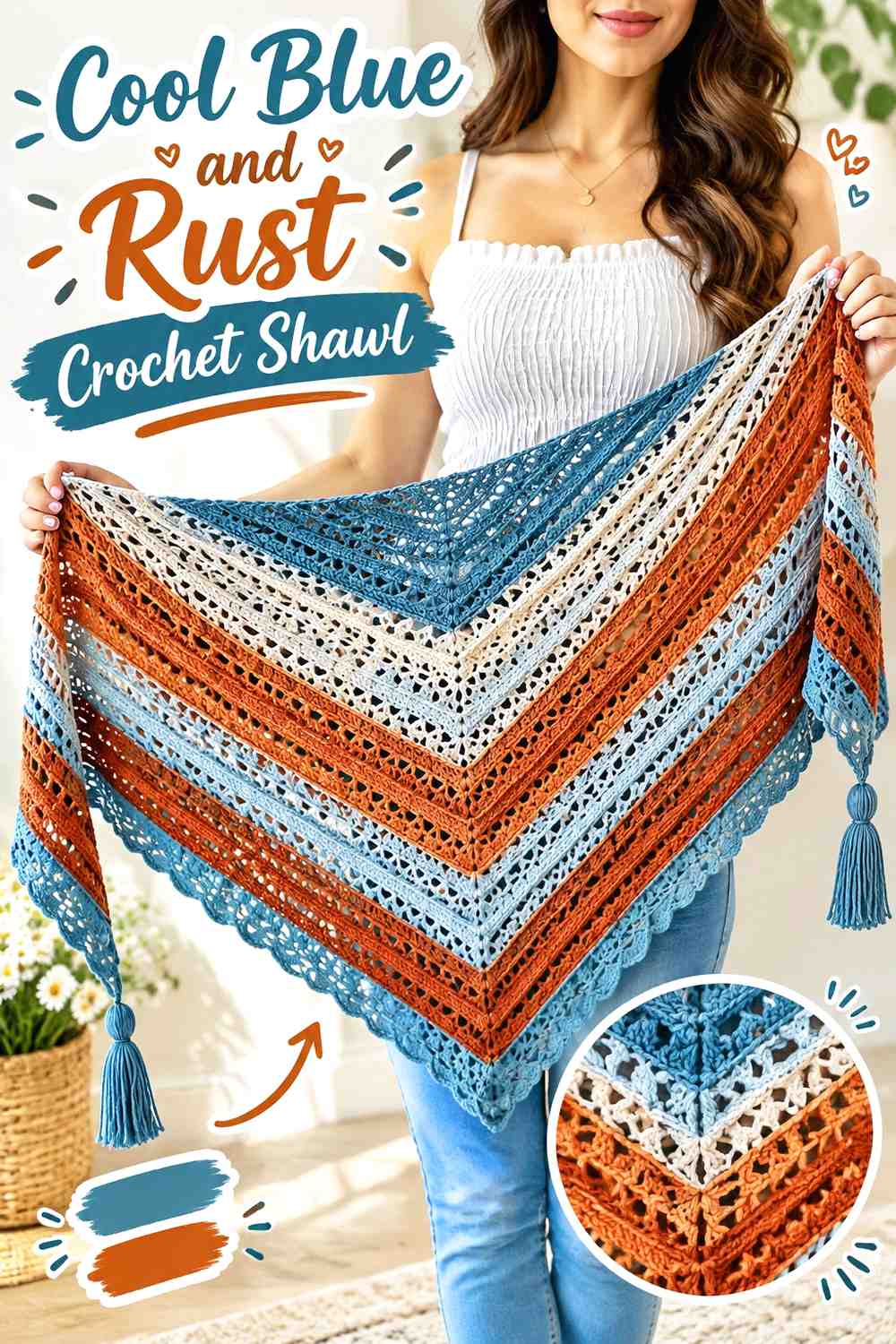 10. Cool Blue And Rust Crochet Shawl