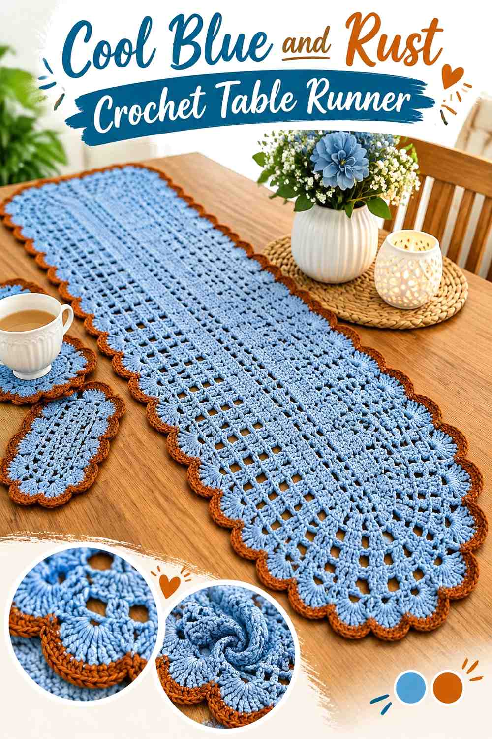19. Cool Blue And Rust Crochet Table Runner