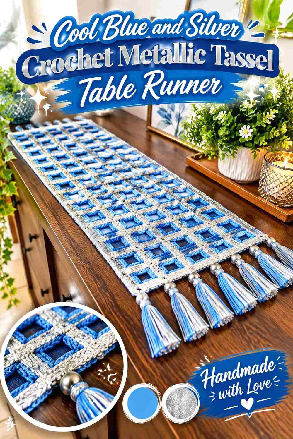 3. Cool Blue And Silver Crochet Metallic Tassel Table Runner