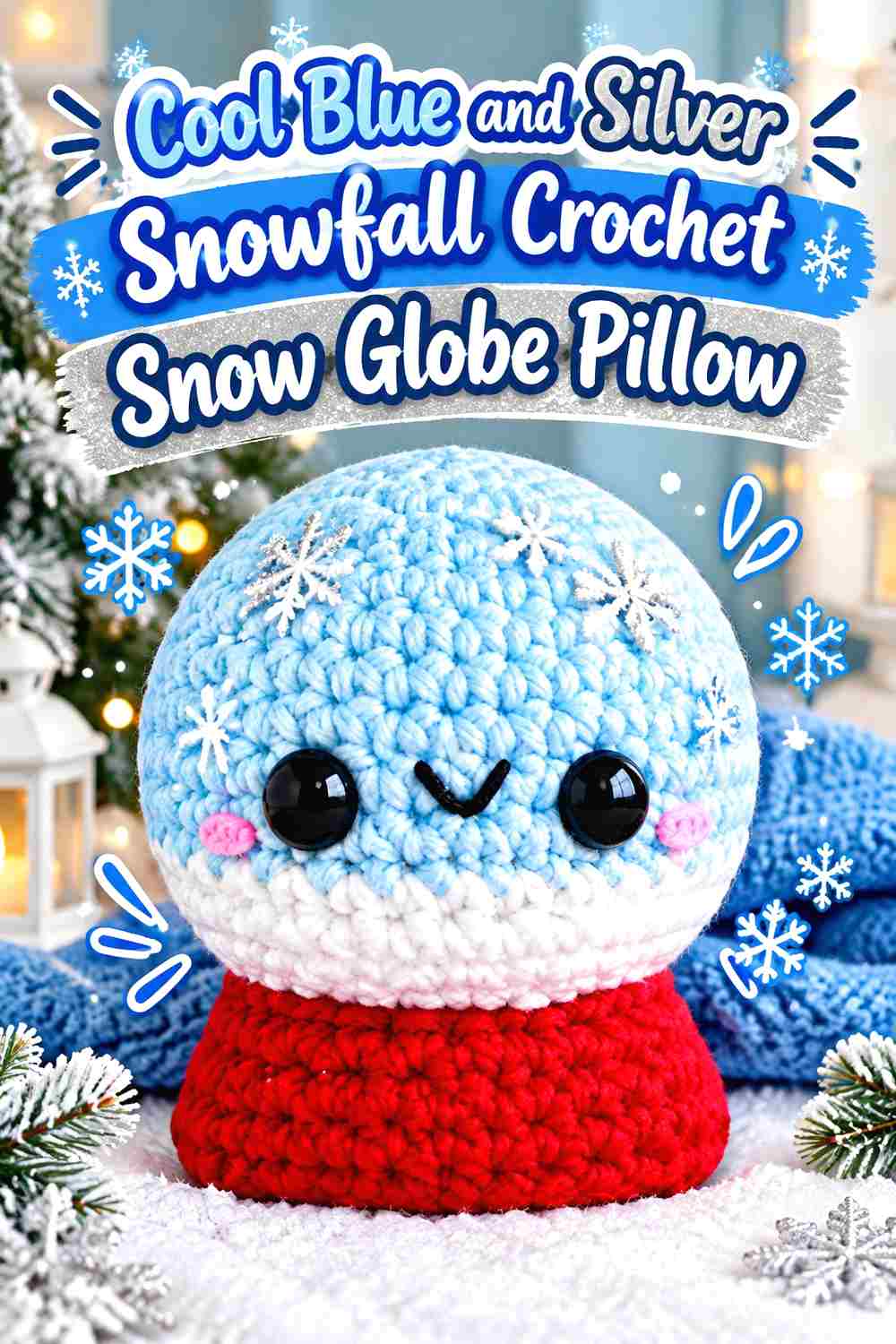 1. Cool Blue And Silver Snowfall Crochet Snow Globe Pillow