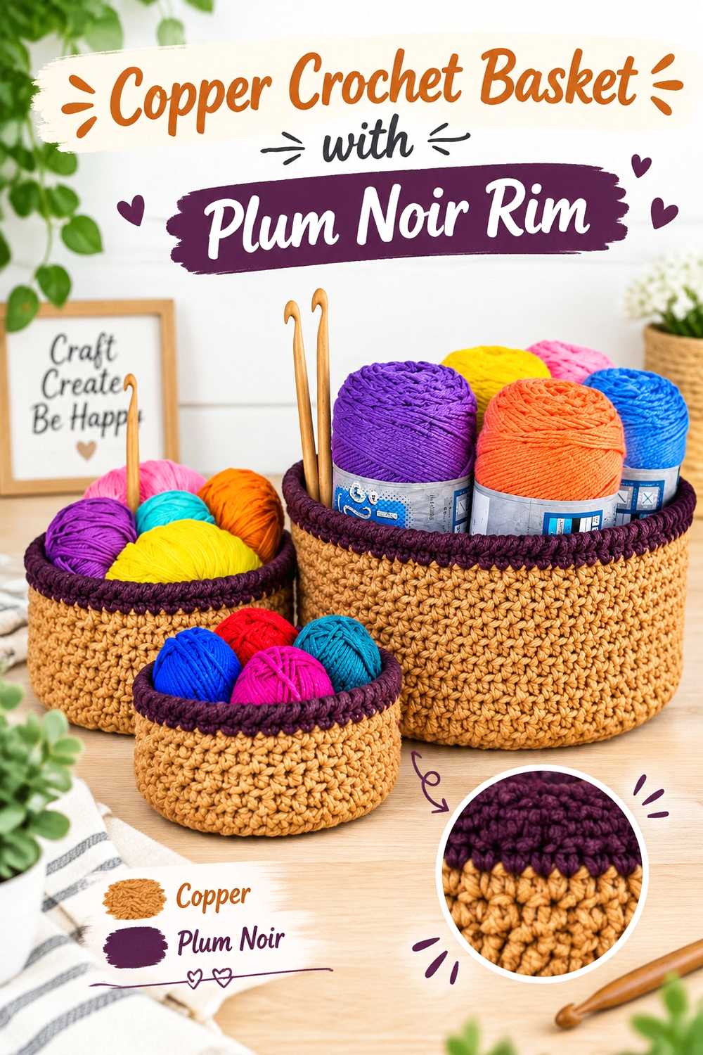4. Copper Crochet Basket With Plum Noir Rim