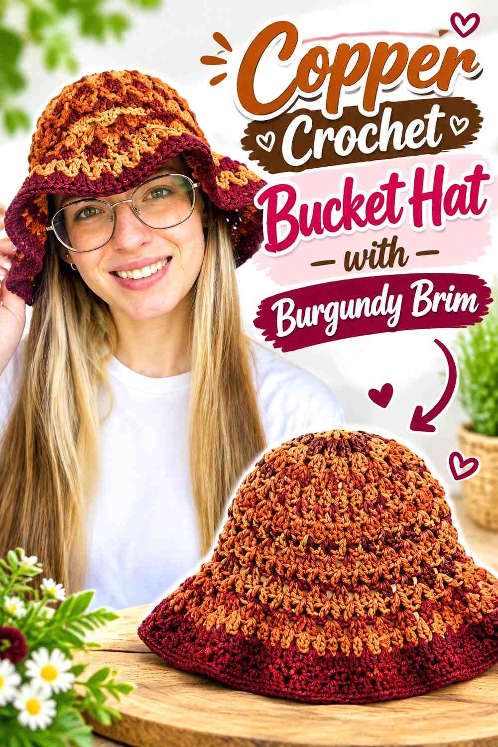 8. Copper Crochet Bucket Hat With Burgundy Brim